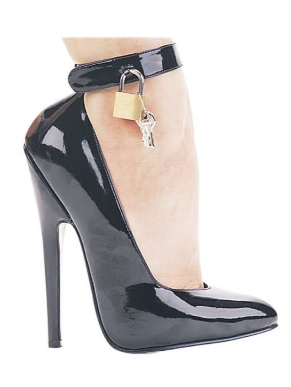 NWOT Ellie Black Patent 6" Fetish Heels Pumps Lock Detail, Sz 7